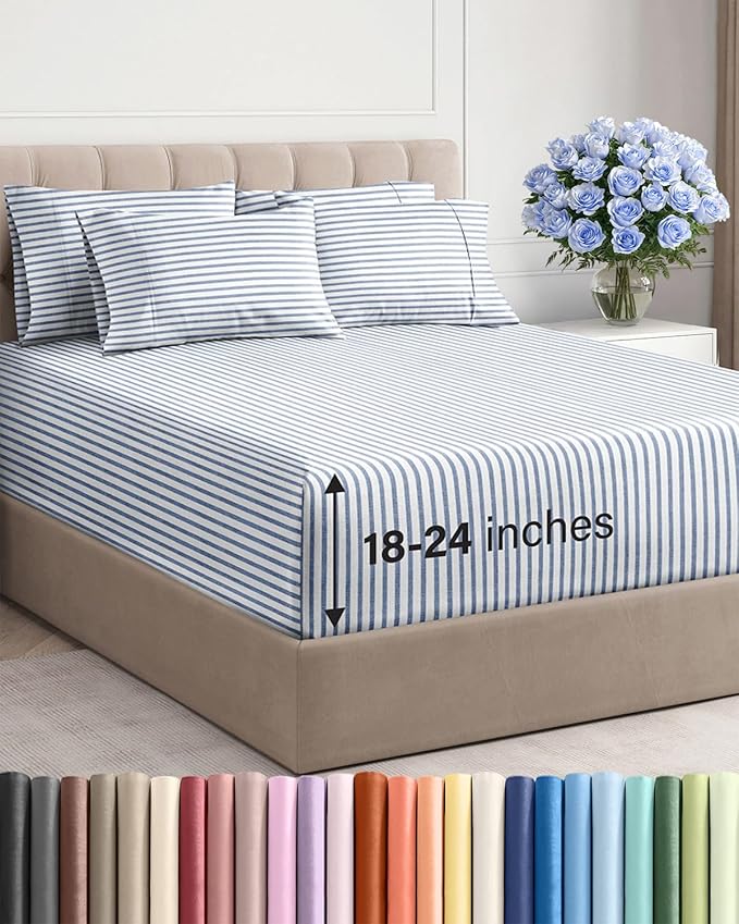Extra Deep Queen Sheet Set - 6 Piece Breathable and Cooling Sheets - Hotel Luxury Bedding for Women, Men, Kids & Teens - Easy Secure Fit - Soft and Wrinkle Free with Extra Deep Pockets - Blue Stripes