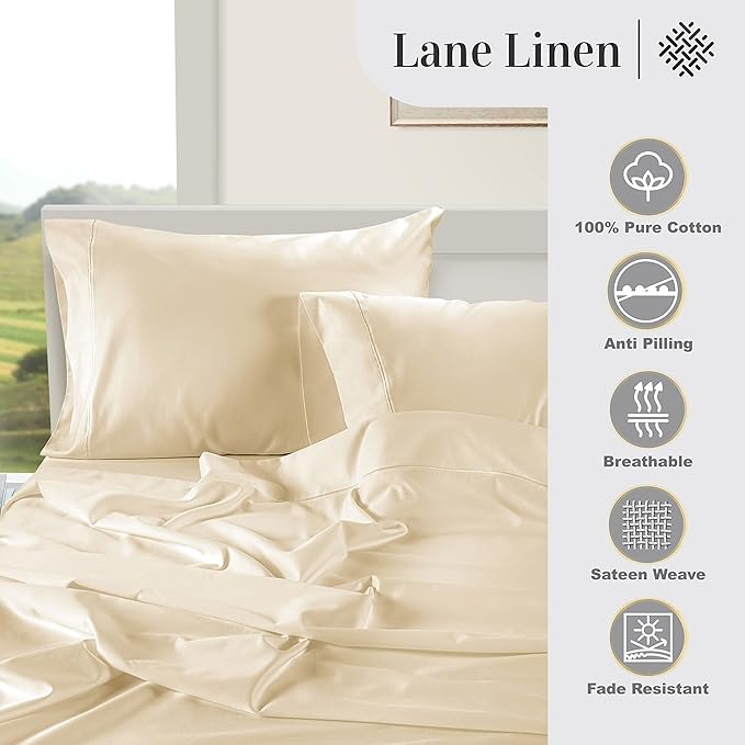 LANE LINEN Queen Ivory Pillow Cases Set of 2 100% Egyptian Cotton Sateen Perfect for Home Hotels & Hospital Use Standard Size