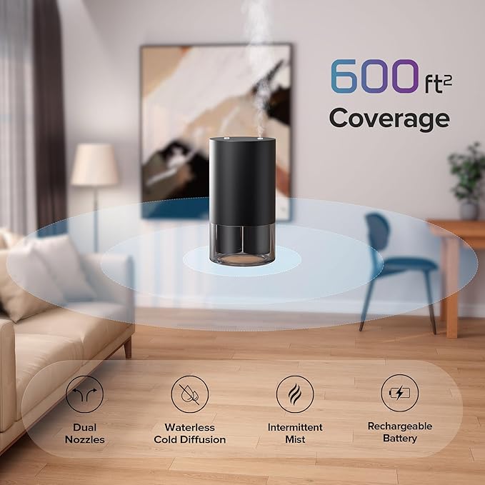 Airversa Dual-Nozzle Waterless Essential Oil Diffuser for Home Rechargeable Scent Diffusers with 5 Timer Settings, 4 Mist Levels with Vehicle Mode for Car Room Studio Office, Gold Metal
