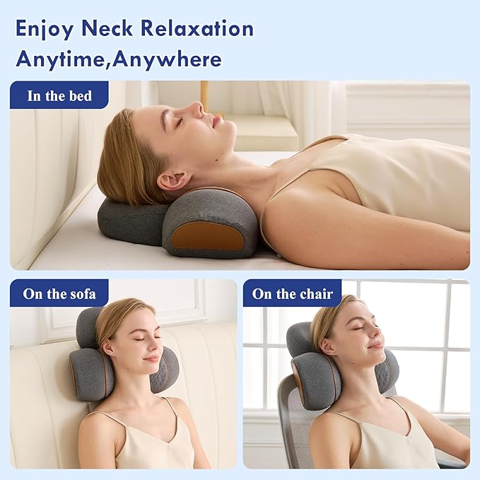 3 in 1 Heated Neck Massage Pillows with Heat for Pain Relief Deep Tissue, Rechargeable Cervical Neck Hump Corrector, Wireless Pillow Supports (No Washable Cover)