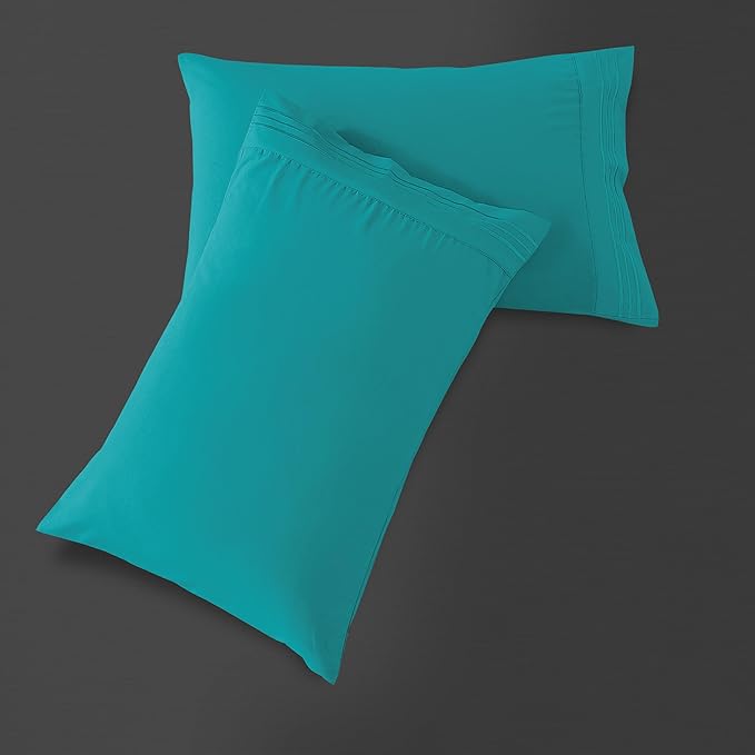 Mocassi 2-Piece Premium King Pillowcase Set 1800 Series Hotel Quality Microfiber - Soft and Breathable with 3-Line Embroidery Wrinkle and Stain Resistant, Easy Care, 20" x 40", Teal