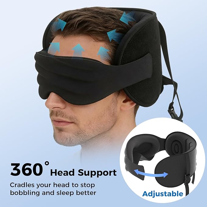 360° Head Support Travel Pillow with Sleep Mask, 2-in-1 Adjustable Headrest Neck Pillow with Eye Mask for Airplane, Car, Office, Light Blocking Sleep Mask for Men Women, Black