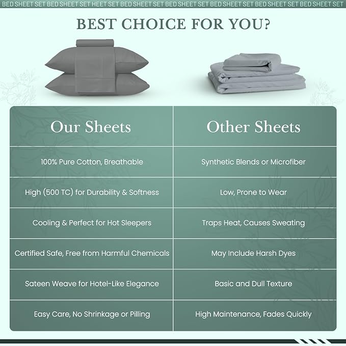 Feather & Stitch 500 TC Queen Size 4pc Damask Bed Sheet Set, 100% Soft Cotton Breathable Bedsheets, 18" Deep Pockets Sateen Weave Solid Bedding Mattress Resort Hotel Luxury Decor - (Ash Grey)