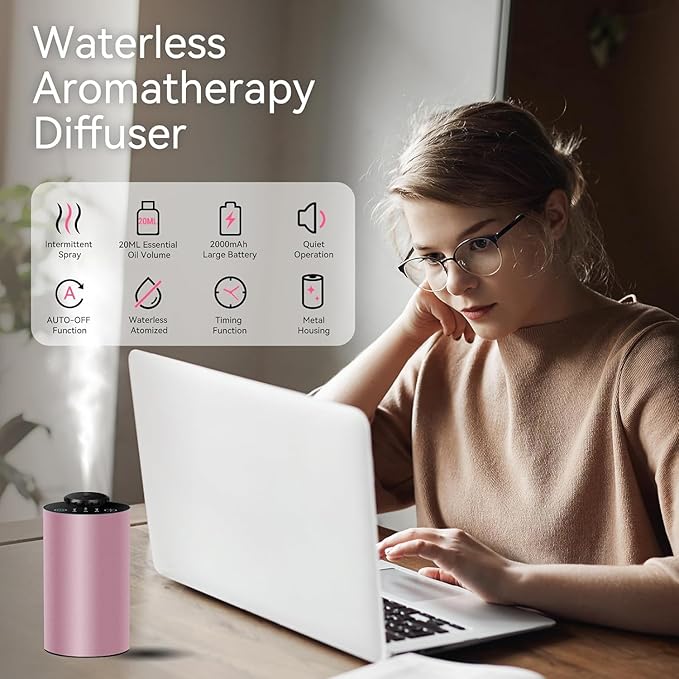 Waterless Essential Oil Diffuser, 7 Colors LED Light, Battery Powered Mini Scent Air Machine, Aromatherapy Mist Diffuser for Home Room Car Office，Black Aluminum Alloy (pink2)