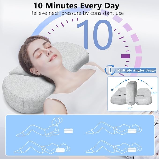 Cervical Neck Roll Pillow, Say Goodbye to Neck Pain, Travel Neck Support Pillow for Side Sleepers, Ergonomic Memory Foam Camping Pillow, Cervical Traction Device with Storage Bag (Gray)