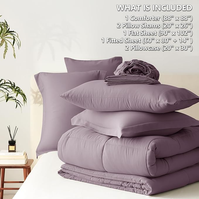 CozyLux Queen Comforter Set Dusty Purple, 7 Pieces Bed in a Bag Queen, All Season Breathable Bedding Set, Oeko-Tex Certified Bed Set with Down Alternative Comforter, Sheets, Pillowcases & Pillow shams