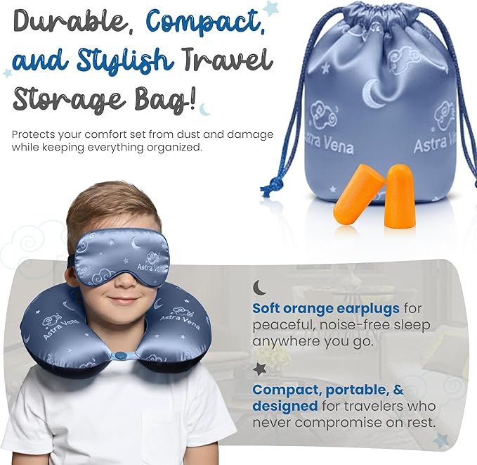 Child Travel Sleep Mask and Pillow Set - 2 in 1 Cute Character Design for Kids Rest, Naps and Relaxation. Soft Comfort with Bag Cover, Perfect for Flights, Car Trips 33cm (Blue)