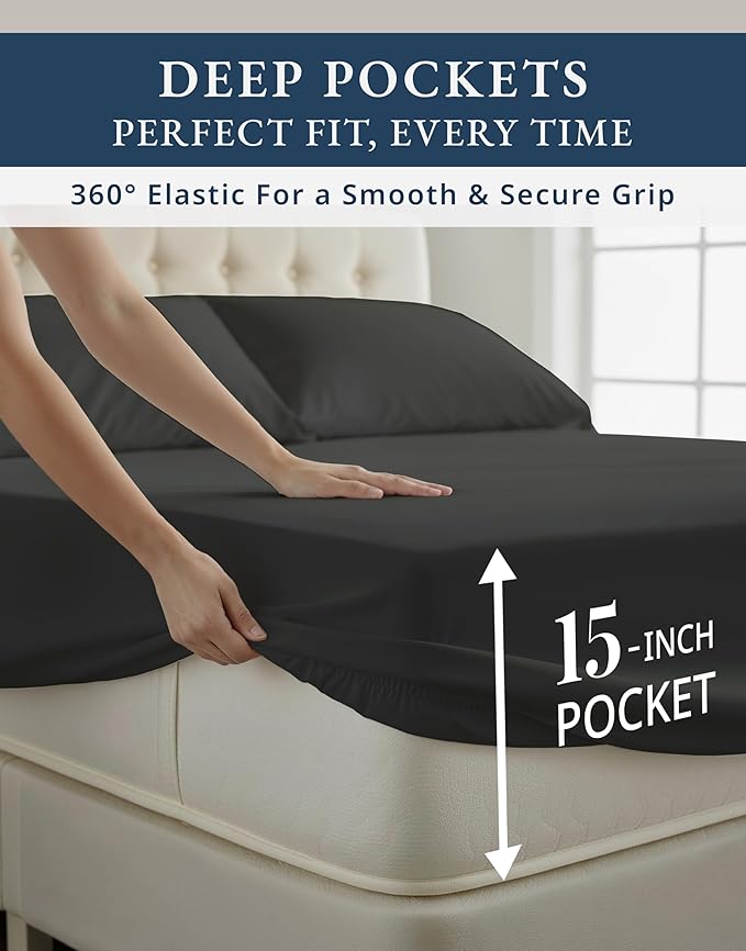 LANE LINEN 100% Egyptian Cotton Split King Bed Sheets for Adjustable Beds, Fully Elasticized Reinforced Seams Extra Deep Pocket Split King Sheet, No Pill Fade Resistant Sheets - Black