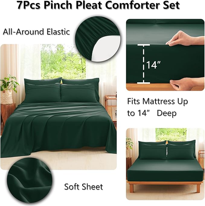 CozyLux Queen Comforter Set Emerald Green, 7 Pieces Soft Pinch Pleat Bed in a Bag Queen Comforter Set with Sheets, Boho Bed Set with Down Alternative Comforter, Sheets, Pillowcases & Shams
