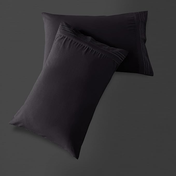 Mocassi 2-Piece Premium Standard/Queen Pillowcase Set 1800 Series Hotel Quality Microfiber - Soft and Breathable with 3-Line Embroidery Wrinkle and Stain Resistant, Easy Care, 20" x 30", Black