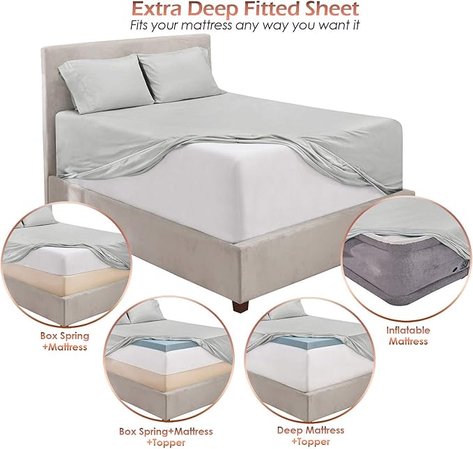 Hearth & Harbor Extra Deep Pocket Sheets - Fits Mattress 18-24 Inches Deep - Extra Deep Pocket Full Size Sets - 6 Piece Full Size - Full - Silver