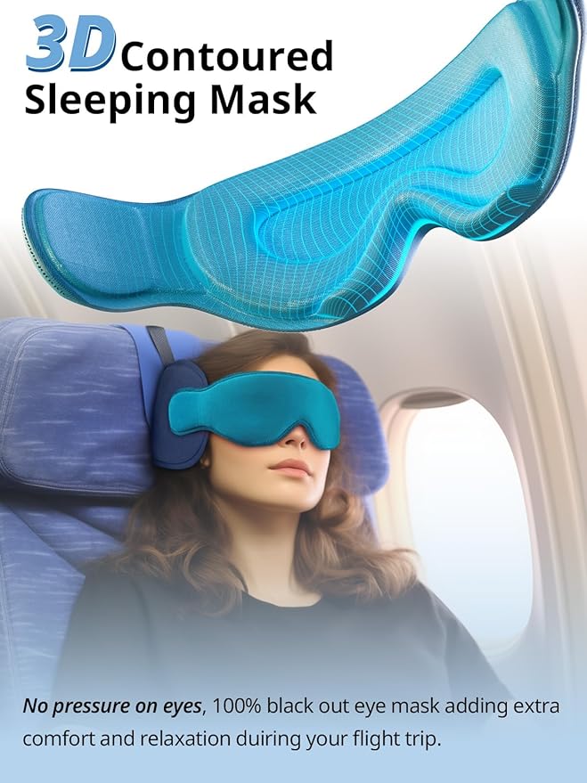 Inspireyes Travel Pillows for Airplanes, 360° Head Support for Long Flight, Soft Airplane Pillow with 3D Eye Mask for Sleeping, Stop Bobblehead, Airplane Headrest Gadgets, Royal Blue