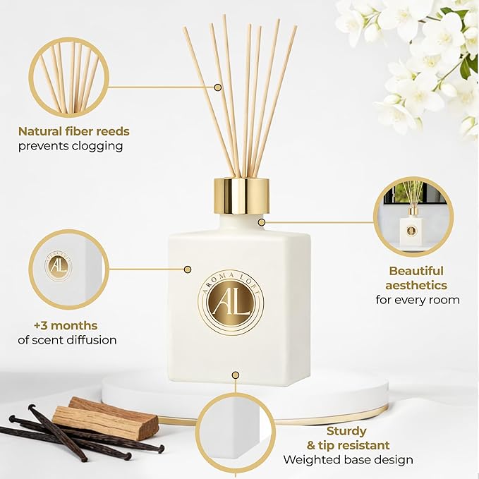 White Reed Diffusers Sticks in Oil Set with Cashmere Vanilla Scent | Long-Lasting Reed Diffusers for Home, Office, Bathroom, & Bedroom Decor Fragrance Diffuser | White Diffuser | (5 oz)