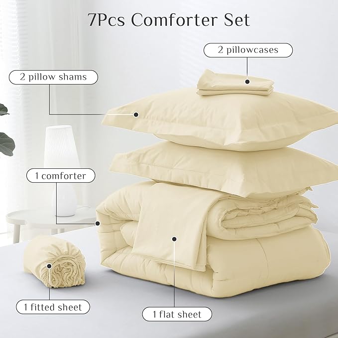 JOLLYVOGUE California King Comforter Set, Ultra-Soft Bed in a Bag Cal King Size 7 Pieces, Oeko-TEX Certified Bedding Set with Down Alternative Comforter, Sheets, Pillowcases & Shams, Light Yellow