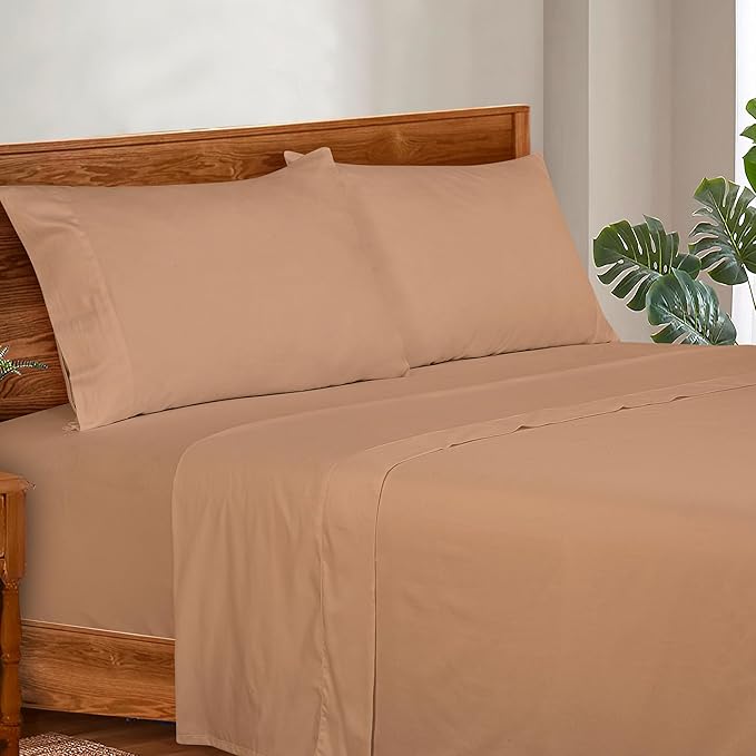 ROYALE LINENS 300 Thread Count 100% Long Staple Combed Cotton Sheet Set - 4 Piece Queen Bed Sheets - 1 Fitted, 1 Flat & 2 Pillow Cases - Soft Cool & Crisp Sheet Set (Queen, Clay)