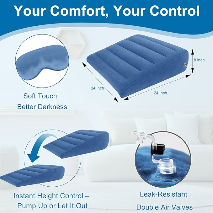 Portable Inflatable Wedge Pillow for Sleeping - Inflatable Back Pillow with Eyes Mask for Sleeping Upright,Knee Wedge Cushion for Traveling,Back Bed Headrest for Leg Elevation,Snoring-25x24x8"