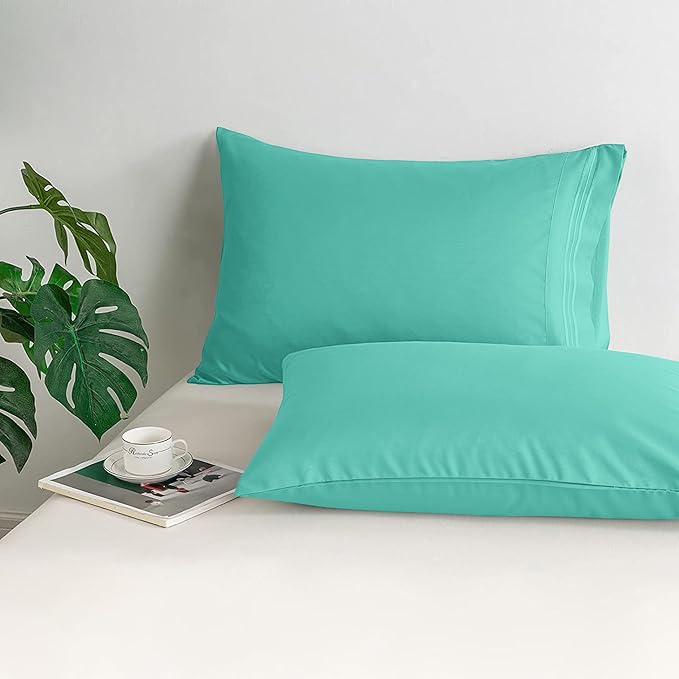 Mocassi 2-Piece Premium King Pillowcase Set 1800 Series Hotel Quality Microfiber - Soft and Breathable with 3-Line Embroidery Wrinkle and Stain Resistant, Easy Care, 20" x 40", Minted Aqua
