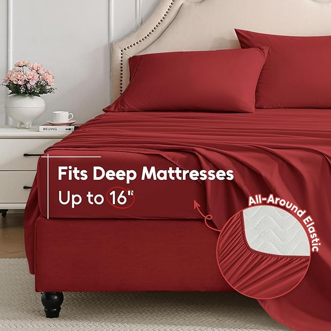 Full Size Bed Sheets Set, 4 Pieces Hotel Luxury Soft Microfiber Bed Sheets Set, Up to 16" Deep Pockets, Oeko-Tex Sheets with Elastic, Breathable, Wrinkle Free (Wine Red, Full)