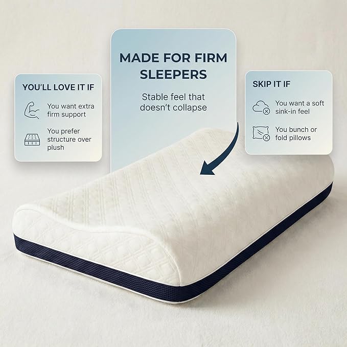 Extra Firm Pillow for Sleeping - Hard Memory Foam Neck Support for Side Sleepers, Heavy Duty High Density Bed Contour Pillow, Spinal Alignment & Cooling Comfort, Washable Cover