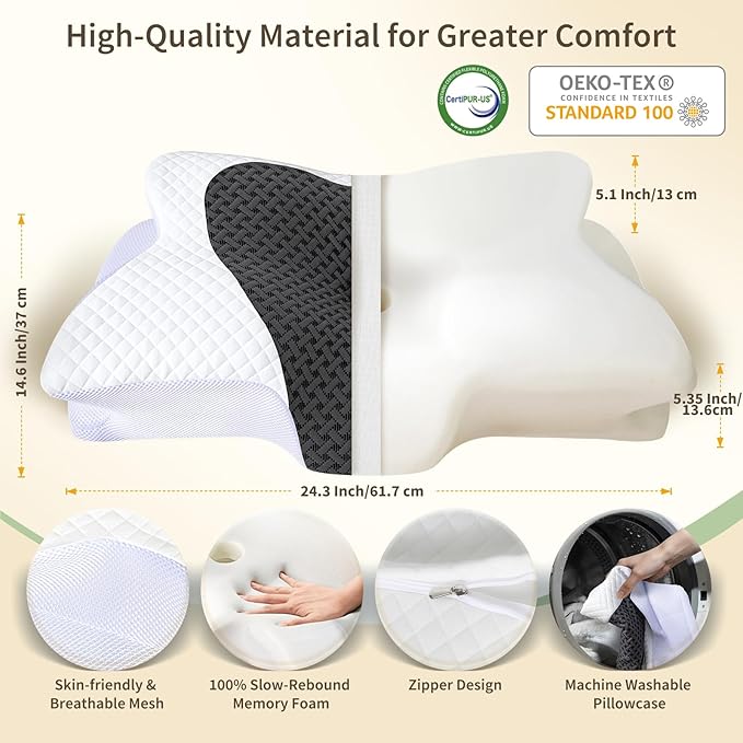 Cervical Neck Pillow for Neck Pain, Memory Foam Orthopedic Pillow with Contoured Design, Neck Support Pillows for Side, Back and Stomach Sleepers, Grey