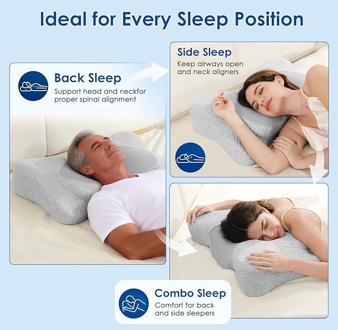 Cervical Pillow for Neck Pain Relief, Sleep Apnea Pillow, Cooling Memory Foam Pillow Ergonomic Orthopedic Contour for Side, Back and Stomach Sleepers, 2 in 1 Neck Shoulder Relief System Bed Pillow