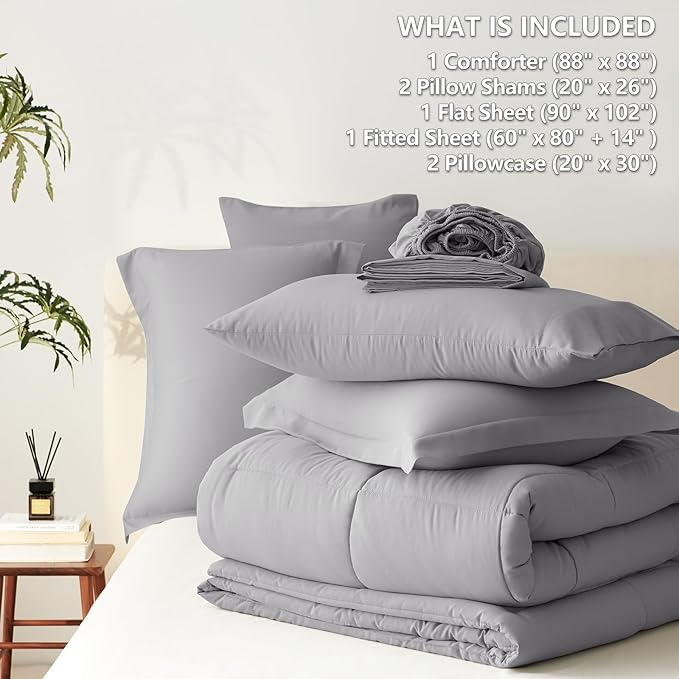 CozyLux Queen Comforter Set Grey - 7 Pieces Bed in a Bag Queen, All Season Breathable Bedding Sets, Oeko-Tex Certified Bed Set with Down Alternative Comforter, Sheets, Pillowcases & Pillow Shams