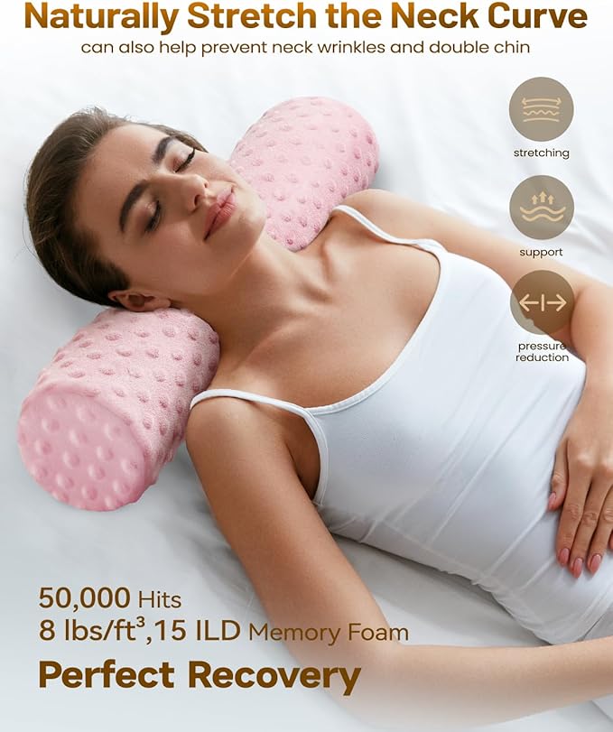 Memory Foam 5" Round Pillow, Cervical Neck Pillow for Pain Relief, Cylinder Pillows 18"x 5", Removable Cover, Neck Roll Pillow for Sleeping, Pink Velvet Dots