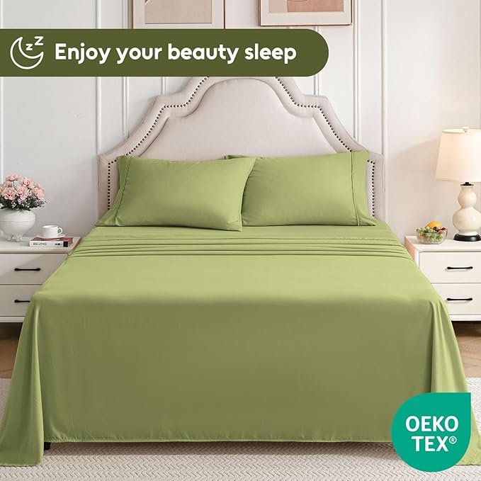 King Size Sheets Set, 4 Pieces Hotel Luxury Soft Microfiber Bed Sheets Set, Up to 16" Deep Pockets, Oeko-Tex Sheets with Elastic, Breathable, Wrinkle Free (Green, King)