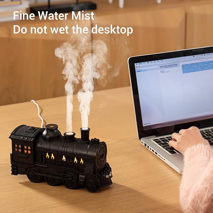 EBTOOLS 300Ml 8W Train Shaped Humidifier With Night Light, Dual Spray Modes, Warm and Cool Blue Light, Low Noise, Essential Oil Diffuser, Misting Function, Cool Mist Humidifier (Black)