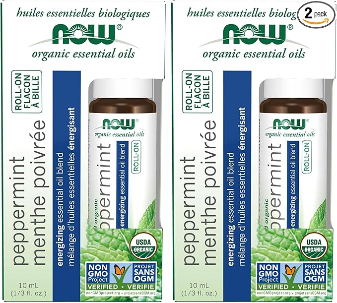 NOW Foods Essential Oils, Peppermint Roll-On, Certified Organic, Energizing Blend, Steam Distilled, Topical Aromatherapy, 10-mL (Pack of 2)