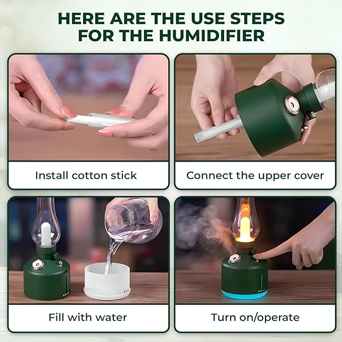 Aroma Diffuser-Vintage LED Night Lamp with Timed Spray; 1200mAh Battery; Wireless; Colorful Lights; Fine Water Mist; Dimming Control; Two Level Spray Quantity; 280mL Capacity. (Forest Green)