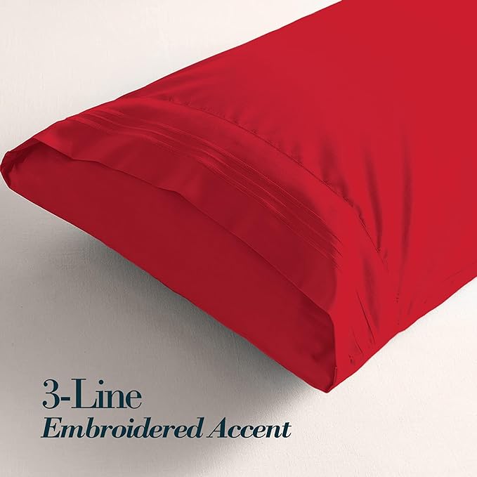 Mocassi 2-Piece Premium Standard/Queen Pillowcase Set 1800 Series Hotel Quality Microfiber - Soft and Breathable with 3-Line Embroidery Wrinkle and Stain Resistant, Easy Care, 20" x 30", Red