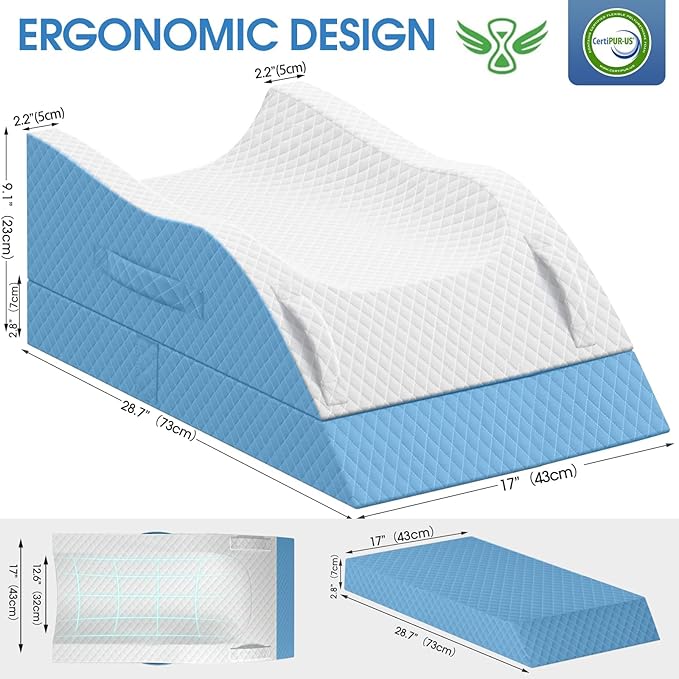TranquilRelax Elevation Pillows for Leg After Surgery, Memory Foam Adjustable Wedge Pillow for Injury or Rest, Ankle Pillow for Sleeping Blood Circulation Light Blue/Double Leg