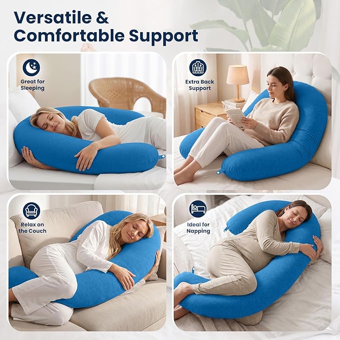 TranquilRelax C Shaped Body Pillow for Side Sleepers, Memory Foam Long Pillow for Leg, Hip & Back Support, Soft Washable Cover,Light Blue-53"*10"