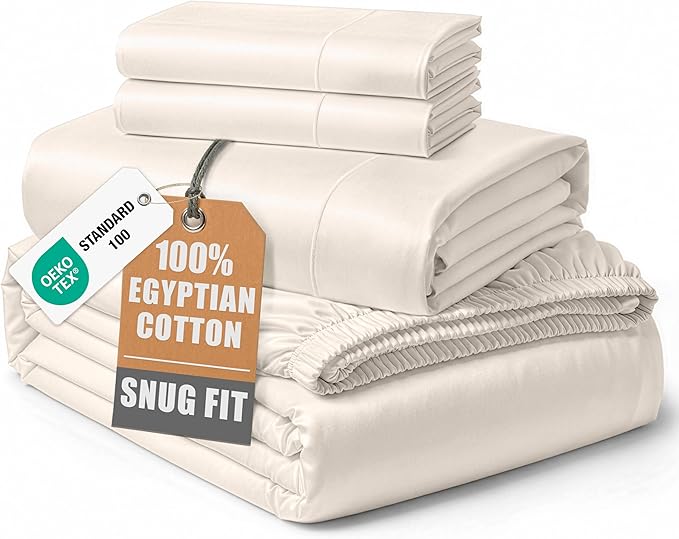 LANE LINEN Luxury 100% Egyptian Cotton Sheets Queen Size Bed Set, Eo Friendly Oeko-Tex Certified No Pill Fade Resistant Fully Elasticized Machine Washable Cotton Cooling Bed Sheet -Sea Salt