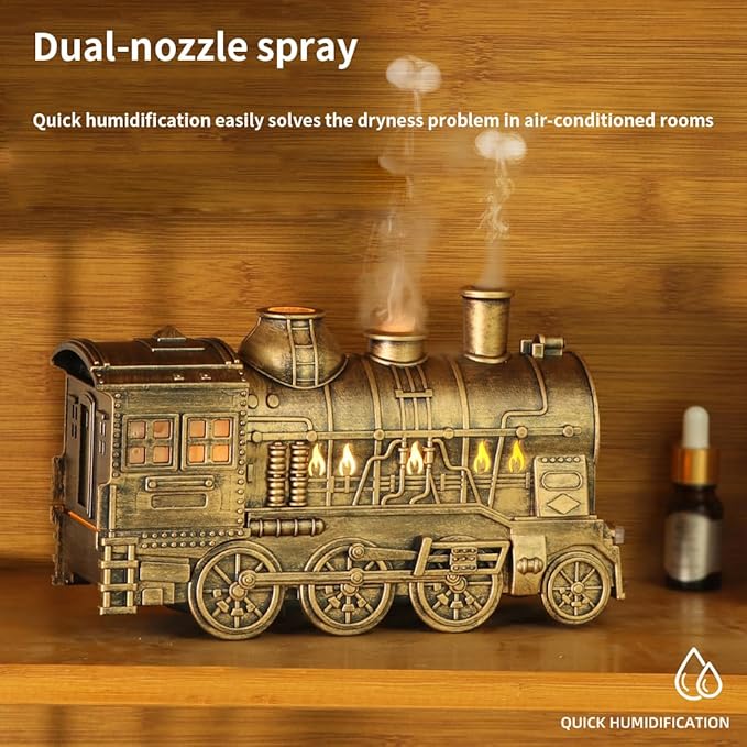Vintage Steam Train Essential Oil Diffuser 300ml, Retro Train Flame Aromatherapy Humidifier with Dual-Color LED Light, Two Mist Modes, Auto Shut-Off & Quiet Operation, Large Room Diffuser Home Decor