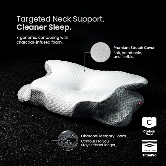IWS I WANNA SLEEP Cervical Original Neck Plus Charcoal Premium Ergonomic Memory Foam Activated Charcoal Hypoallergenic Pillow for Neck and Back Pain Relief – Orthopedic Pillow