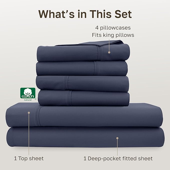 California Design Den 6-Pc King Size Sheet Set with 4 Pillowcases - Soft 400 Thread Count 100% Cotton Sheets, Sateen Weave, Deep Pocket Bedsheets Set - Indigo Dusty Blue