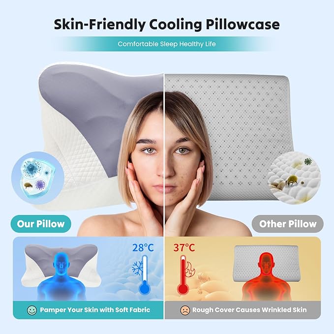 Sweetcrispy Cooling Ergonomic Memory Foam Cervical Pillow for Neck and Shoulder, Orthopedic Neck Support for Back Stomach Sleepers, Contour Side Sleeper for Adults, Queen, Dark Grey