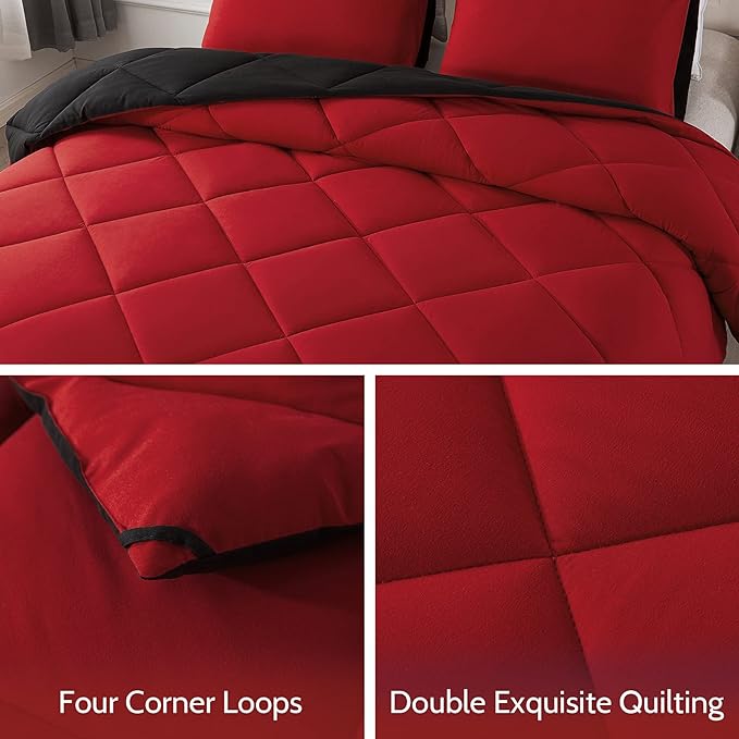 Decroom Lightweight King Comforter Set with 2 Pillow Sham - 3 Pieces Set - Quilted Down Alternative Comforter/Duvet Insert for All Season - Red/Black - King Size