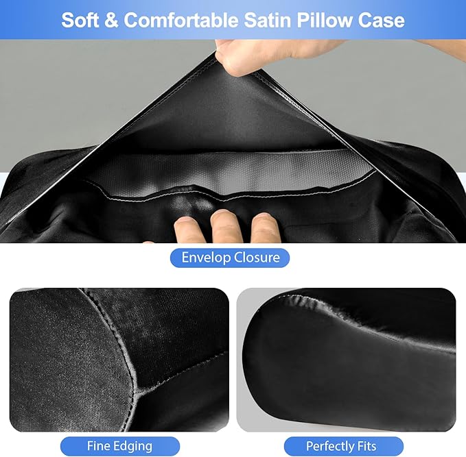 Satin Pillowcase for Contour Memory Foam Pillows, 24" x 14" x 5.1"/3.5" Cervical Pillow Case, Soft Pillow Cover for Sleeping Pillows (Black)