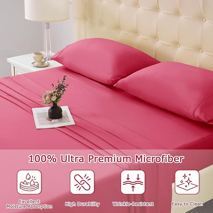 Twin Size Bed Sheet Set - 3 Piece Soft Microfiber Sheets with Deep Pockets, Cooling Technology, and Wrinkle-Free Pillowcase. Hotel-Quality, Durable Bedding, Viva Magenta