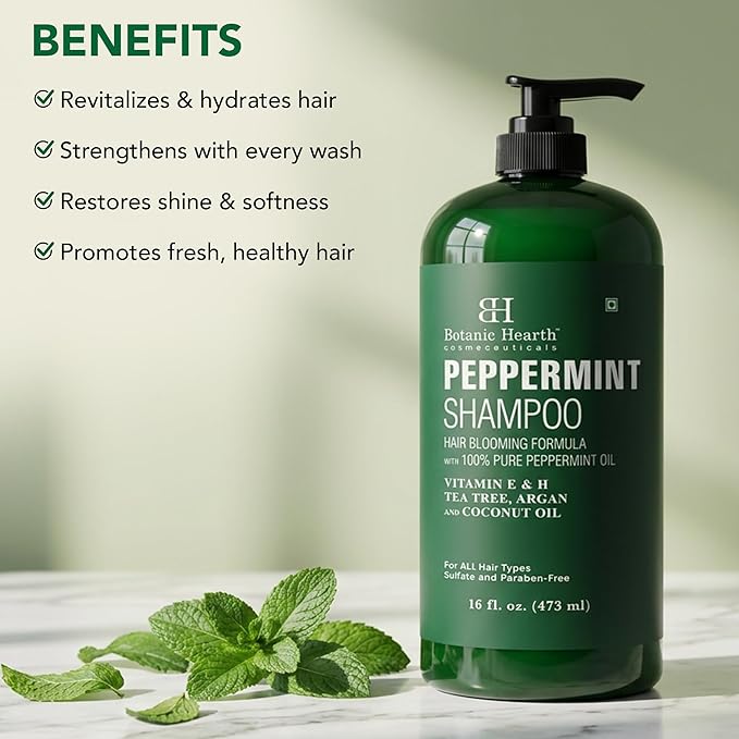 Botanic Hearth Peppermint Oil Shampoo | Hair Blooming Formula With Keratin For Thinning Hair | Fights Hair Loss, | Sulfate Free For Men And Women | 16 Fl Oz