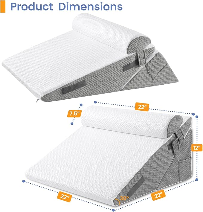 Sasttie Wedge Pillow Set for After Surgery, 2PCS Adjustable Bed Wedge Pillow Headboard with Memory Foam Neck Cushion – for Acid Reflux, Sleeping, Neck & Back Support, Dark Grey & White