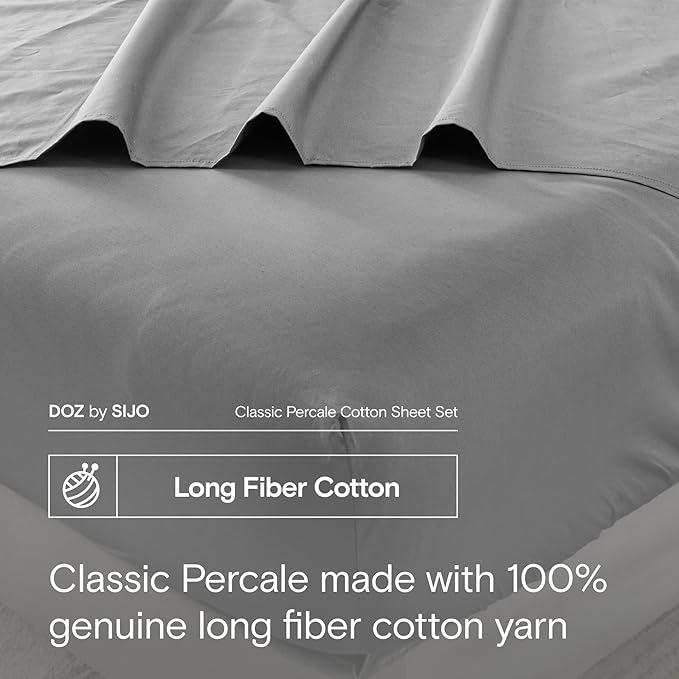 DOZ 100% Long Staple Cotton Sheet Sets, Classic Crisp Percale Weave, Breathable, Matte Finish, Hotel Style, Durable, 4pc – 2 Pillowcases 1 Fitted 1 Flat (Storm, King)
