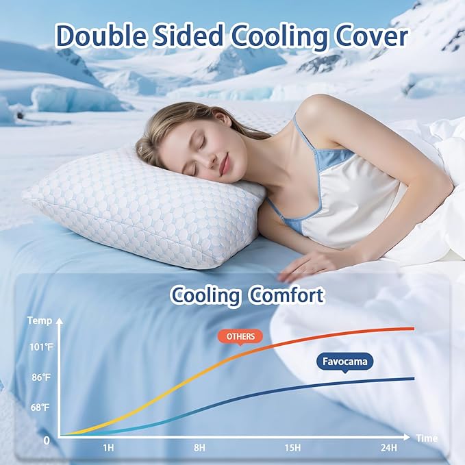 Favocama Cooling Pillow for Sleeping, Shredded Memory Foam Pillows Queen Size Set of 2, Double Sided Cooling Bed Pillows for Hot Sleepers, Side Back and Stomach Sleepers with 4 Covers