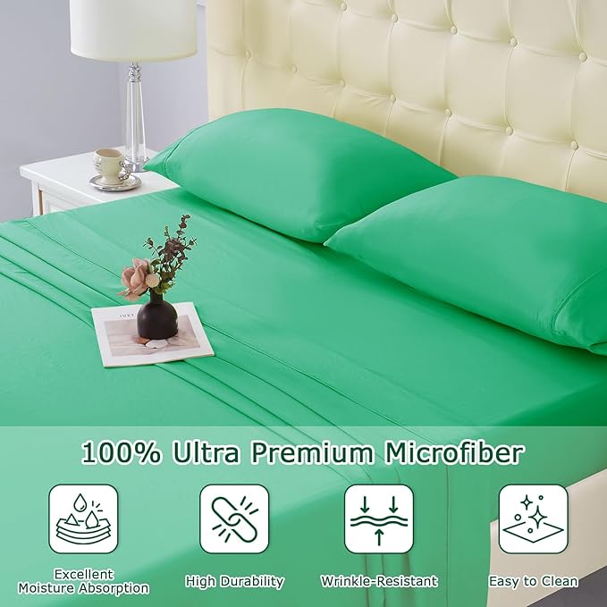 King Size Bed Sheet Set - 4 Piece Soft Microfiber Sheets with Deep Pockets, Cooling Technology, and Wrinkle-Free Pillowcase. Hotel-Quality, Durable Bedding, Mint Green