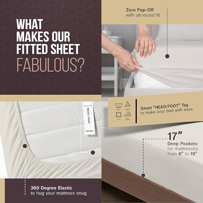 TEXAS LINEN CO. 100% Egyptian Cotton Sheets Queen Size - Snoozin' Supreme Collection 2000 Series Luxury Queen Bed Sheet Set, Cooling Sateen Weave, 17” Extra Deep Pocket Hotel Sheets (4 Pc, Light Grey)
