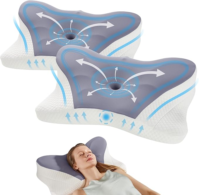Sweetcrispy 2 Pack Cooling Ergonomic Memory Foam Cervical Pillow for Neck and Shoulder, Orthopedic Neck Support for Back Stomach Sleepers, Contour Side Sleeper for Adults, King, Dark Grey