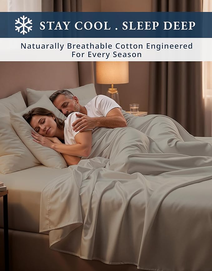 100% Egyptian Cotton King Size Sheets Set – Silky Sateen Weave for Warm Winter Comfort, Ultra Soft & Durable Christmas Sheets King Size, Snug Fit 15" Deep Pocket, Luxury Hotel Comfort at Home - Ivory